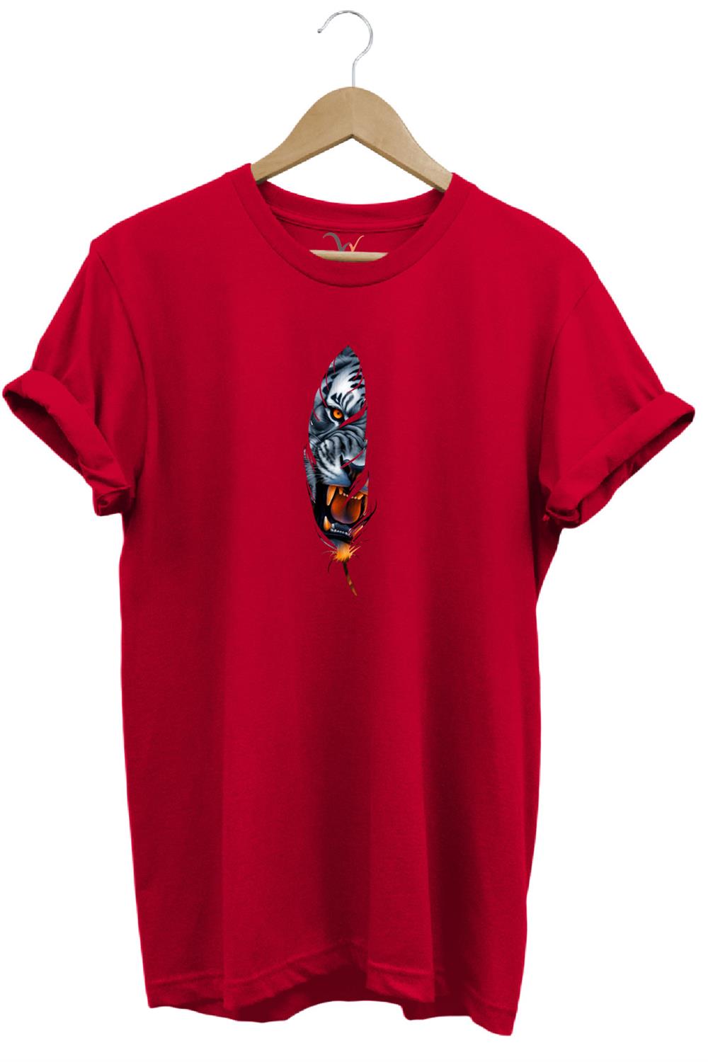 Kaplan Tüy Baskılı Şık Minimal %100 Pamuk Regular Fit Bisiklet Yaka T-Shirt - Kırmızı