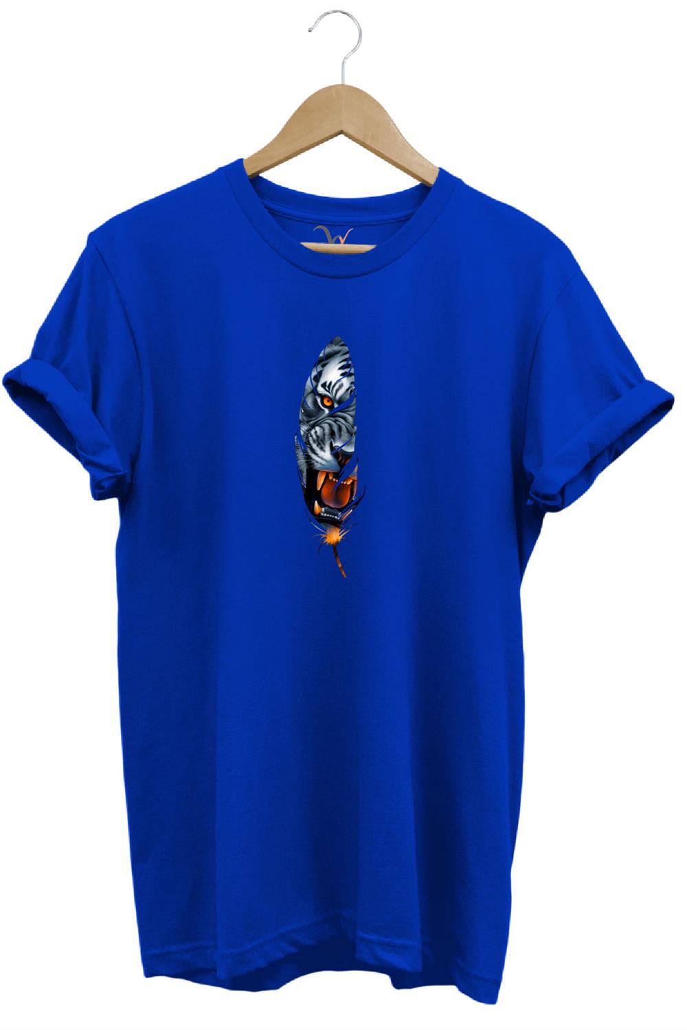 Kaplan Tüy Baskılı Şık Minimal %100 Pamuk Regular Fit Bisiklet Yaka T-Shirt - Mavi