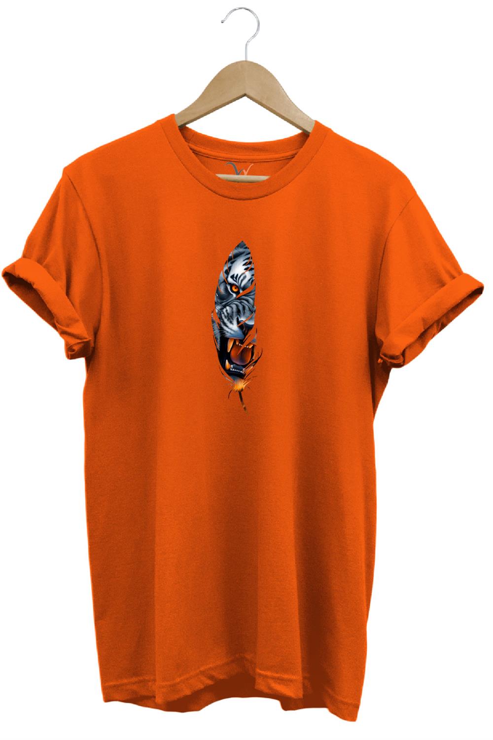 Kaplan Tüy Baskılı Şık Minimal %100 Pamuk Regular Fit Bisiklet Yaka T-Shirt - Turuncu