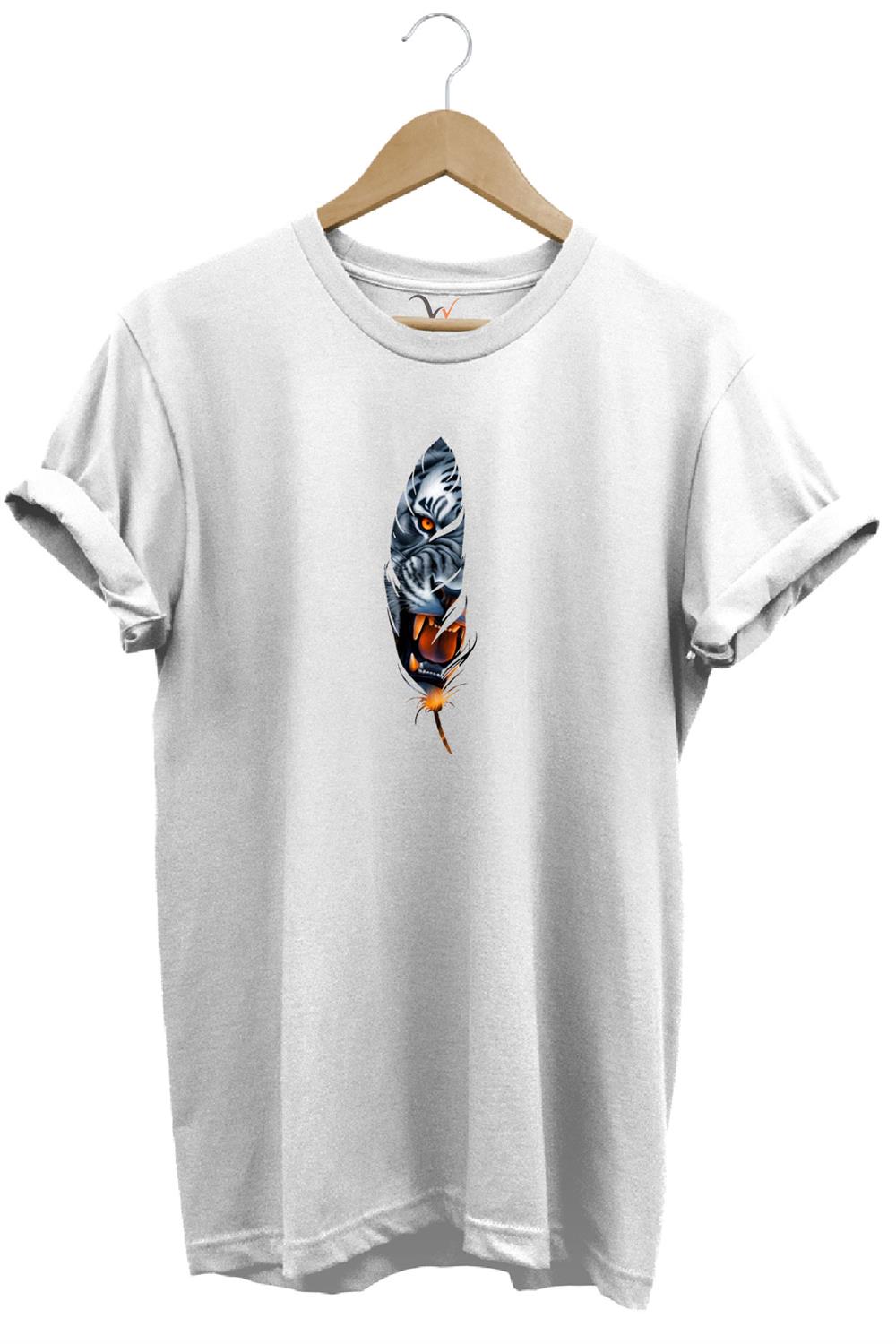 Kaplan Tüy Baskılı Şık Minimal %100 Pamuk Regular Fit Bisiklet Yaka T-Shirt - Beyaz