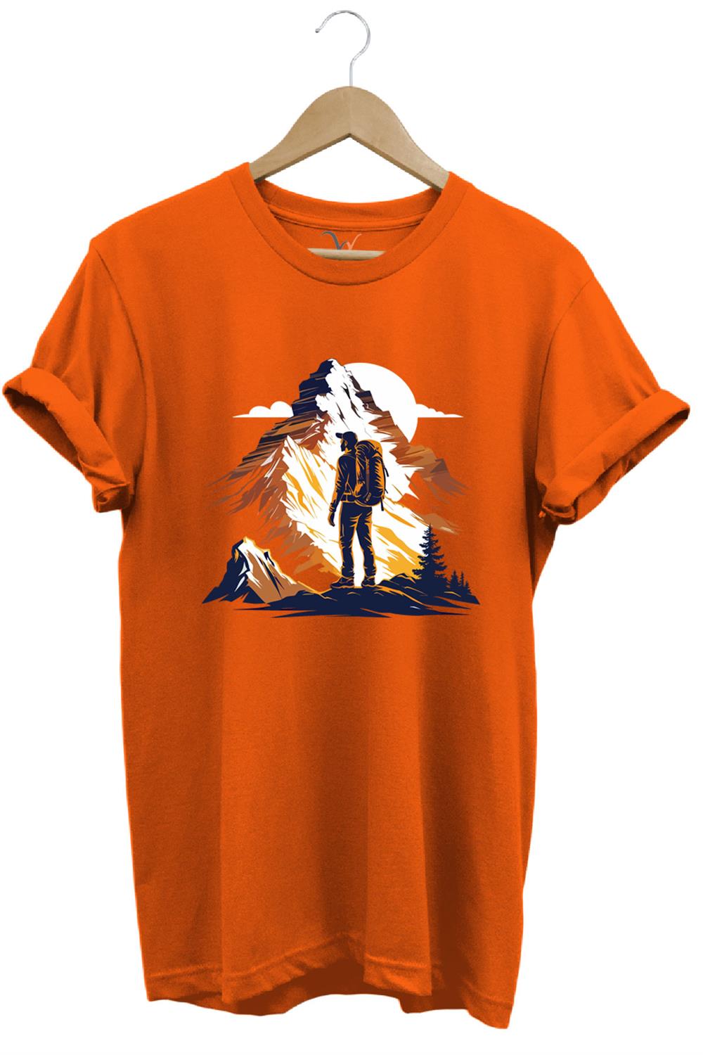 Mountain Dağ Yürüyüşü Ve Kar Manzara Baskılı %100 Pamuk Unisex Regular Fit T-Shirt - Turuncu