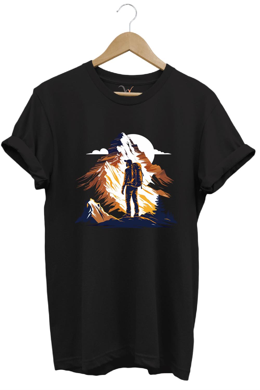 Mountain Dağ Yürüyüşü Ve Kar Manzara Baskılı %100 Pamuk Unisex Regular Fit T-Shirt - Siyah