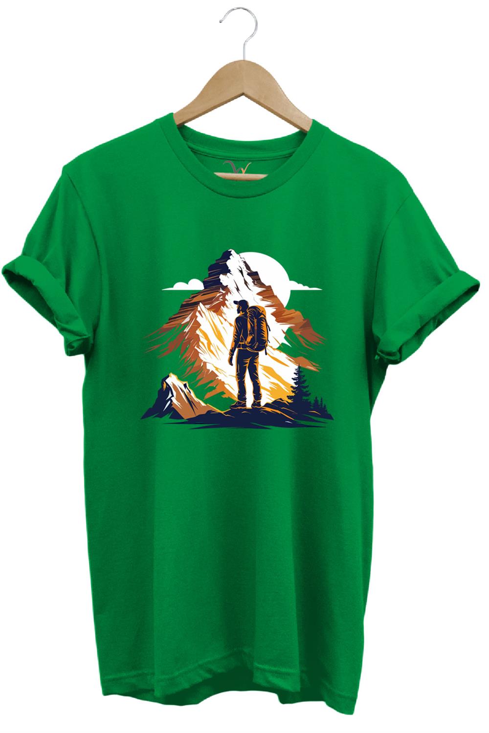 Mountain Dağ Yürüyüşü Ve Kar Manzara Baskılı %100 Pamuk Unisex Regular Fit T-Shirt - Yeşil