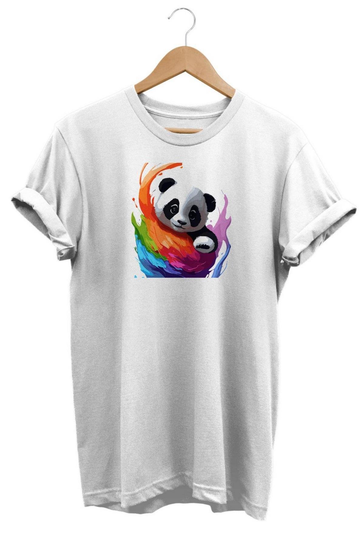 Relax Renkli Panda Baskılı T-Shirt Beyaz