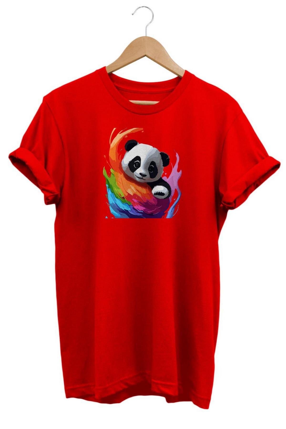Relax Renkli Panda Baskılı T-Shirt Kırmızı