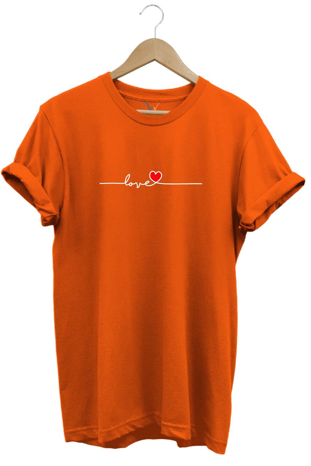 Sevgililer Günü Hediyesi Love Yazı Baskılı Kalpli %100 Pamuk Regular Fit Bisiklet Yaka T-Shirt - Turuncu