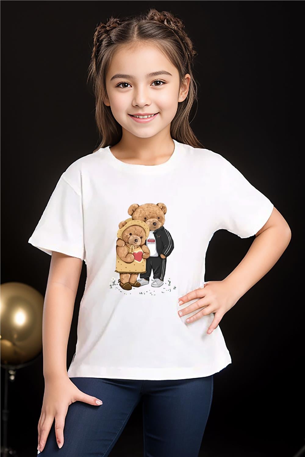 Sevimli Çift Sevgili Ayı Tedy Cool Ayıcık Baskılı %100 Pamuk Erkek Çocuk Kız Çocuk T-Shirt - Beyaz