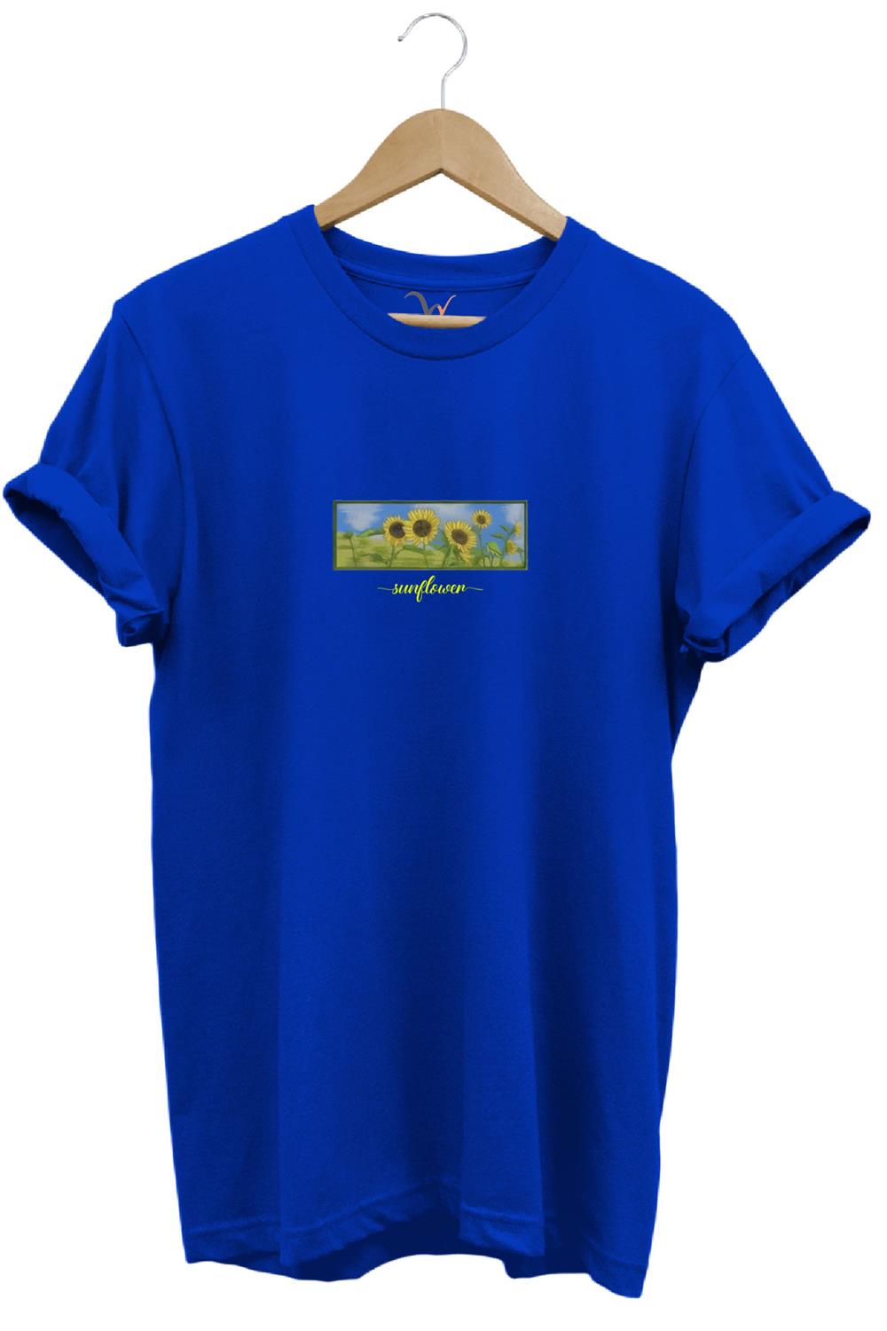 Sunflower Ayçiçeği Minimal Doğa Baskılı Regular Fit %100 Pamuk T-Shirt - Mavi