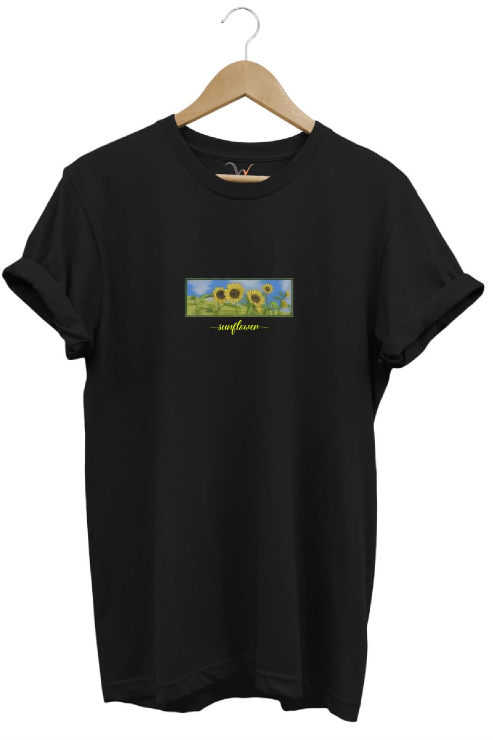 Sunflower Ayçiçeği Minimal Doğa Baskılı Regular Fit %100 Pamuk T-Shirt - Siyah