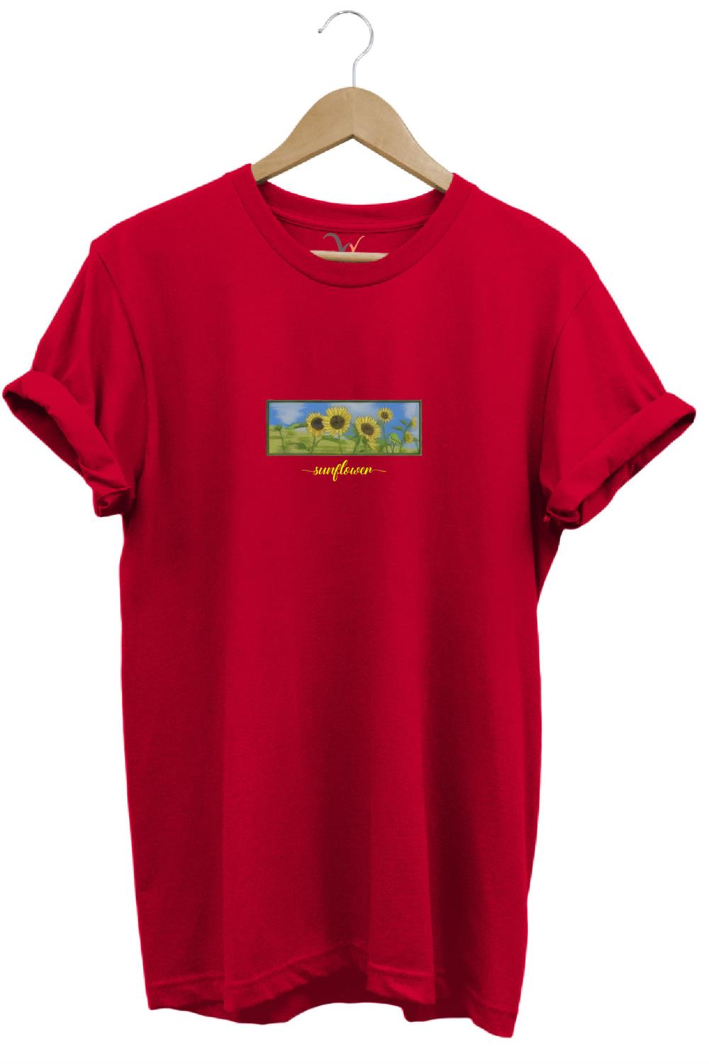 Sunflower Ayçiçeği Minimal Doğa Baskılı Regular Fit %100 Pamuk T-Shirt - Kırmızı