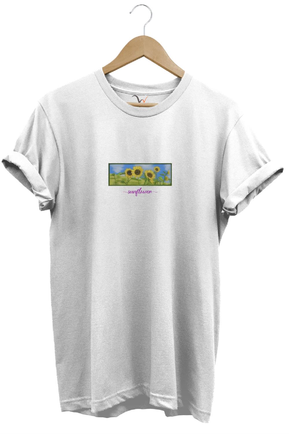 Sunflower Ayçiçeği Minimal Doğa Baskılı Regular Fit %100 Pamuk T-Shirt - Beyaz