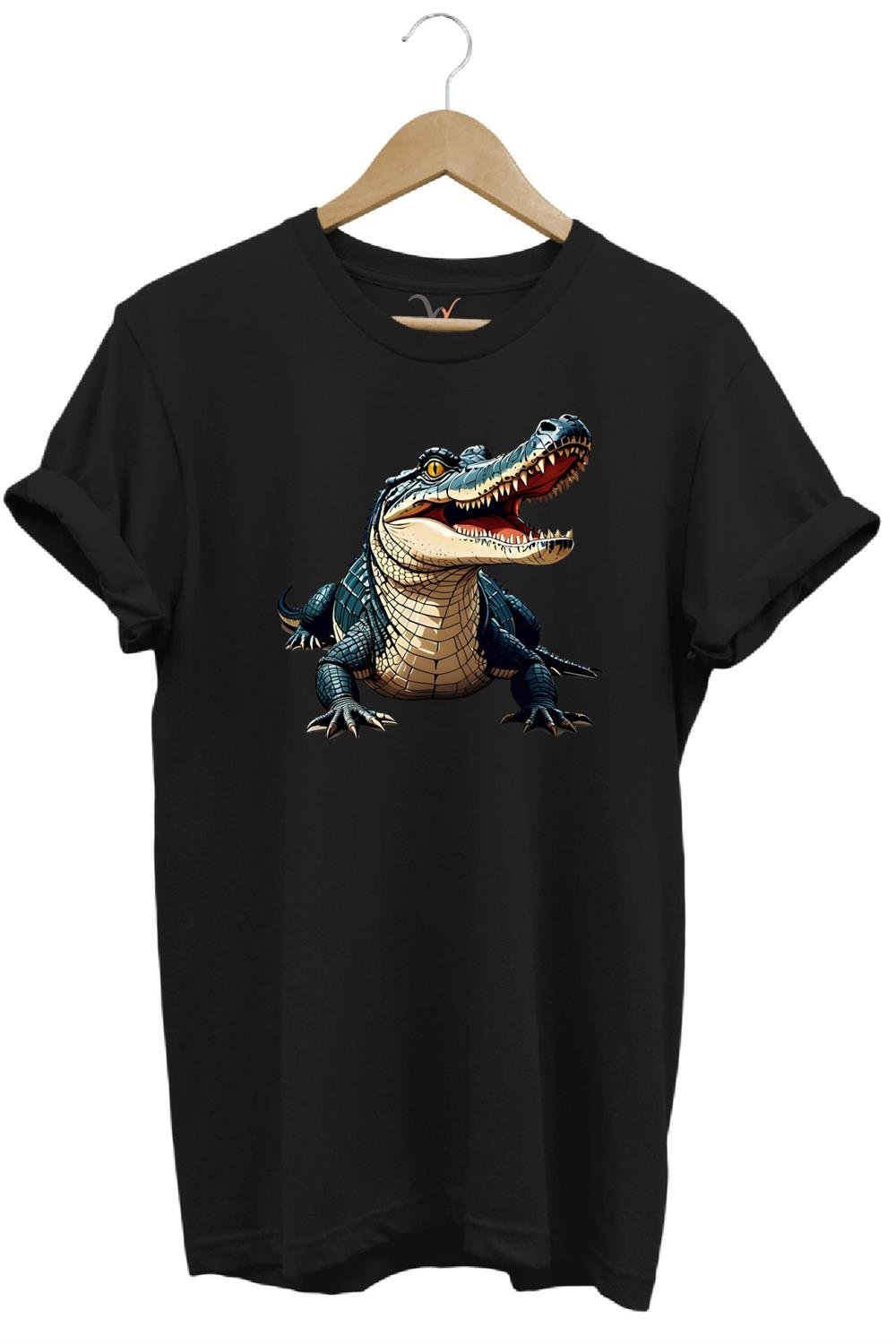 Timsah Baskılı %100 Pamuk Regular Fit T-Shirt - Siyah