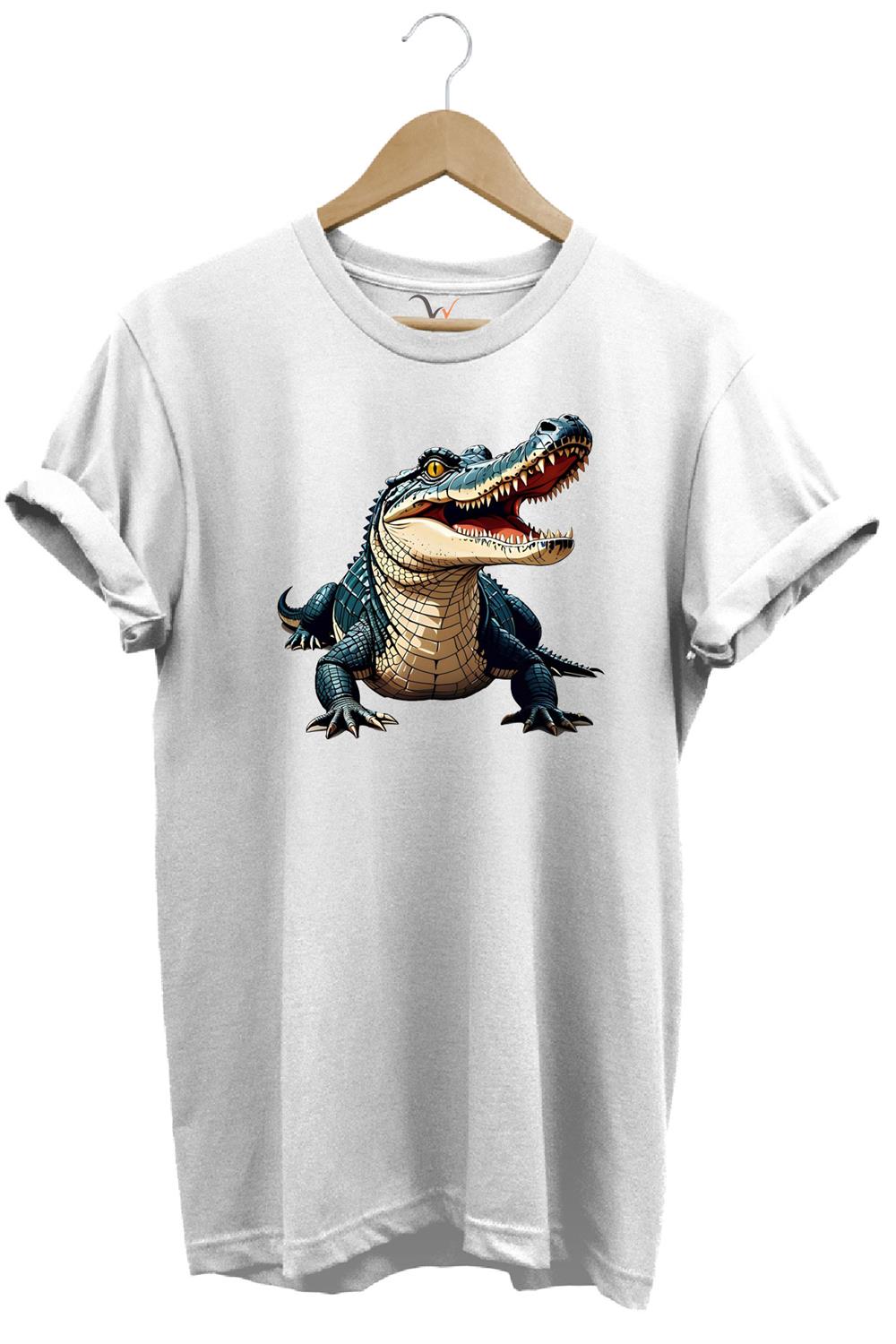 Timsah Baskılı %100 Pamuk Regular Fit T-Shirt - Beyaz