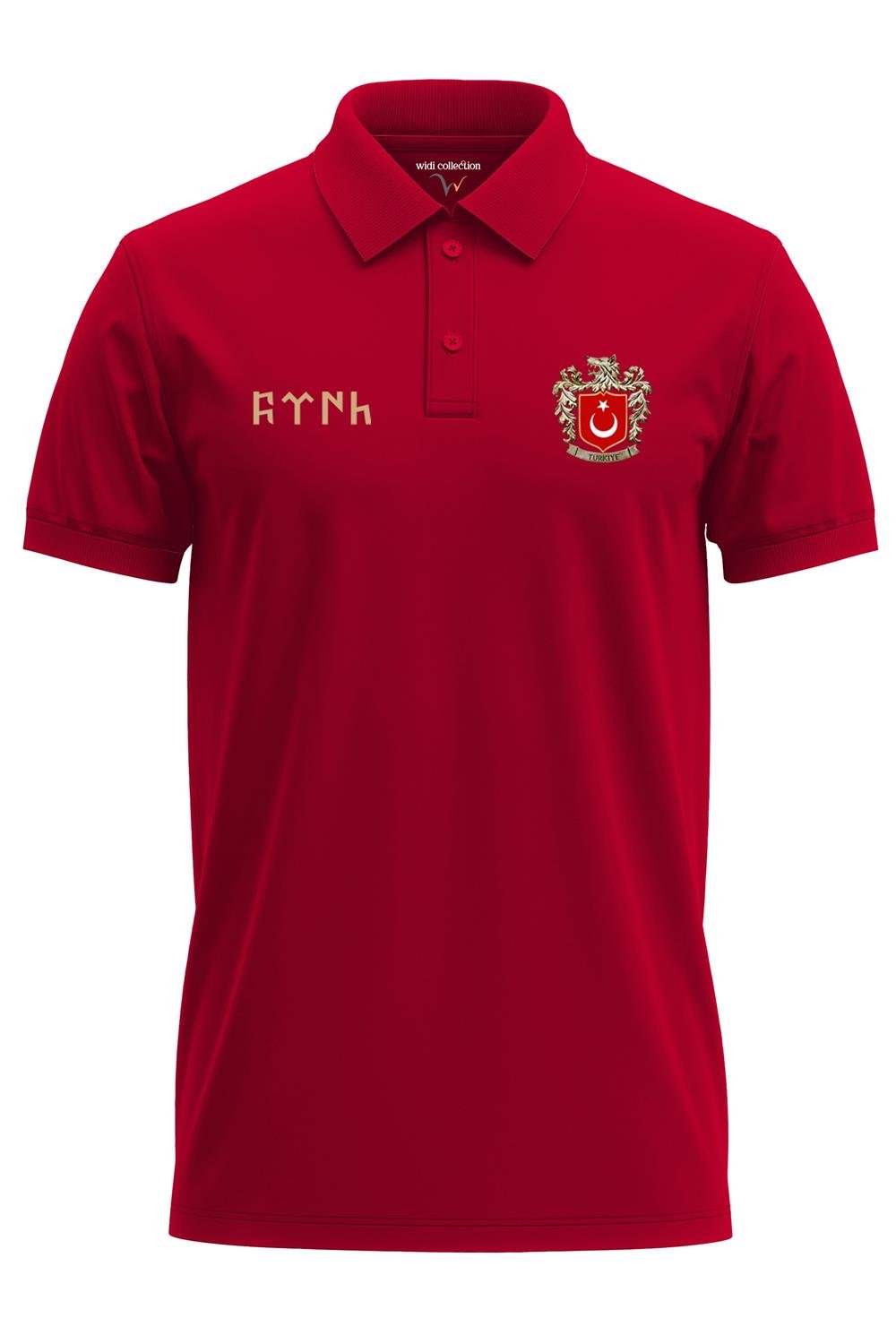 Türk Ve Türkiye Bozkurt Baskılı Göktürkçe Türk Yazılı Börü Regular Fit%100 Pamuk Polo Yaka T-Shirt - Kırmızı