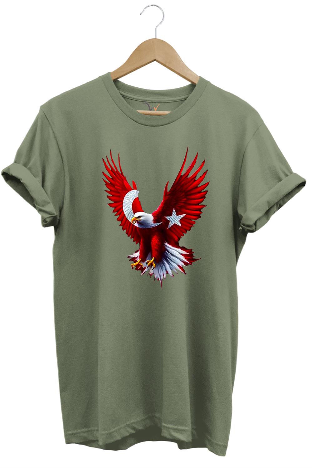 Türkiye Ay Yıldız Türk Bayrağı Kartal Tasarım Baskılı %100 Pamuk Regular Fit Bisiklet Yaka T-Shirt - Haki
