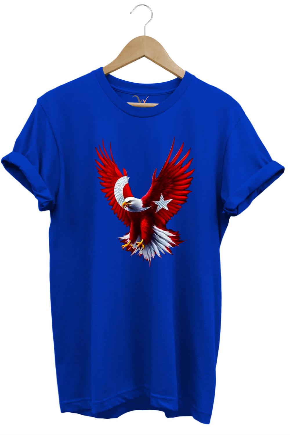 Türkiye Ay Yıldız Türk Bayrağı Kartal Tasarım Baskılı %100 Pamuk Regular Fit Bisiklet Yaka T-Shirt - Mavi