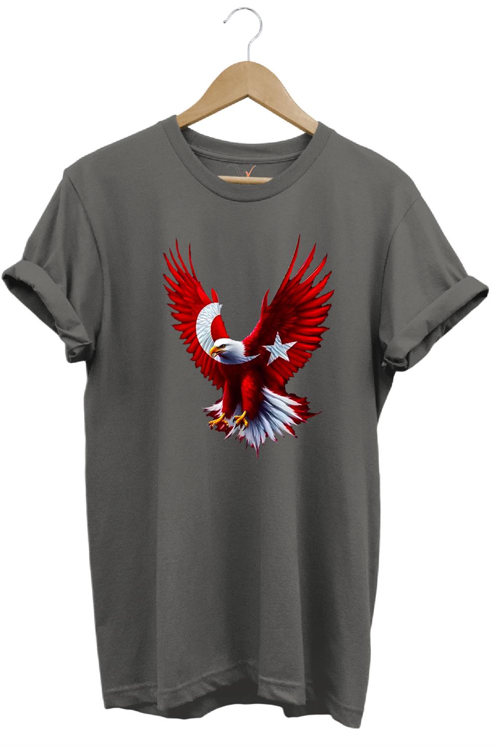 Türkiye Ay Yıldız Türk Bayrağı Kartal Tasarım Baskılı %100 Pamuk Regular Fit Bisiklet Yaka T-Shirt - Antrasit
