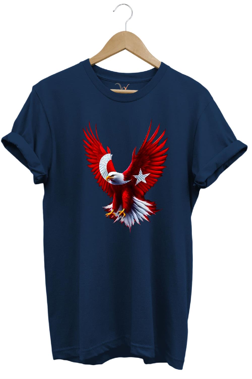 Türkiye Ay Yıldız Türk Bayrağı Kartal Tasarım Baskılı %100 Pamuk Regular Fit Bisiklet Yaka T-Shirt - Lacivert