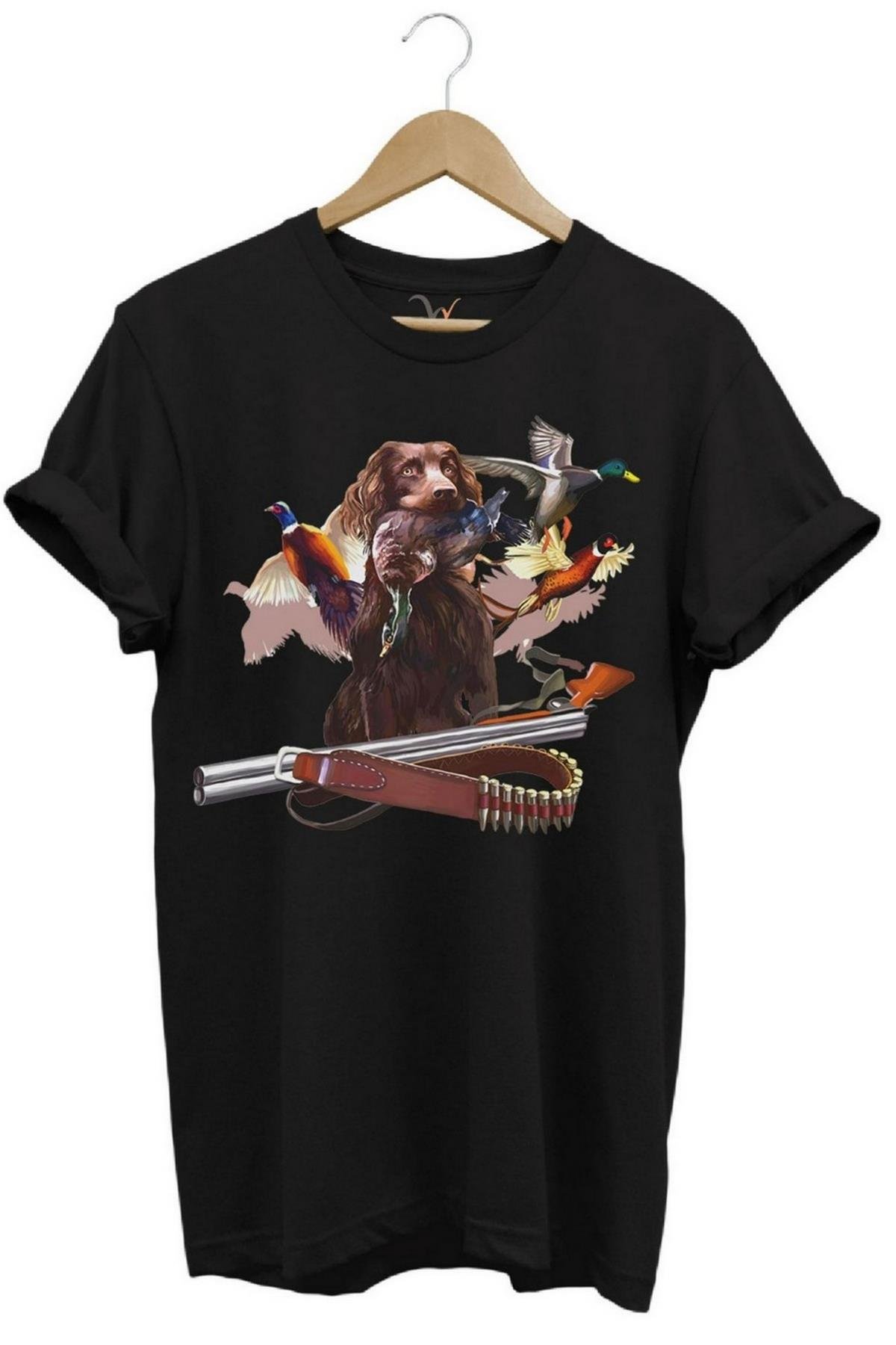 Widi Avcı Köpeği Desenli Halka Boyunlu Sülün T-Shirt Siyah