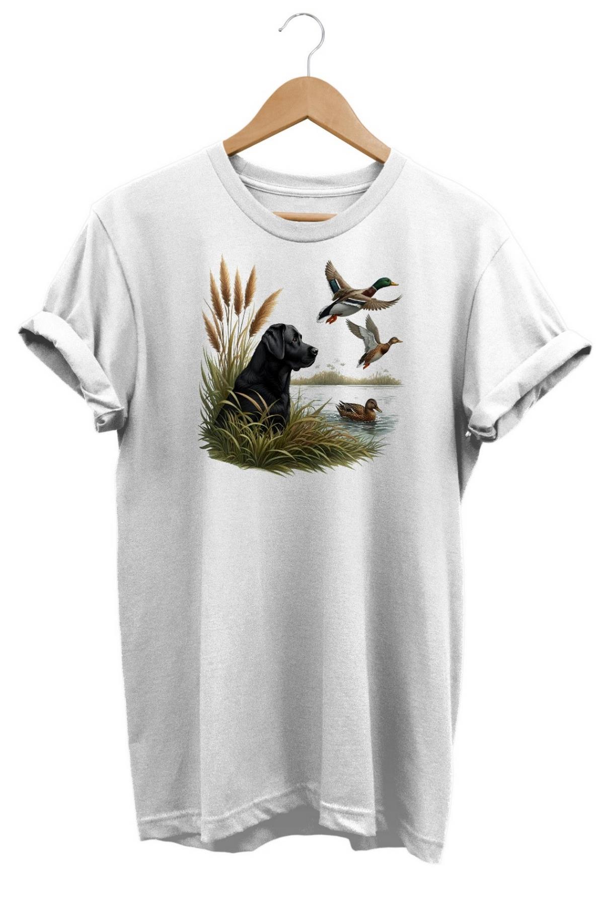 Widi Black Labrador Duck Hunt Baskılı T-Shirt Beyaz
