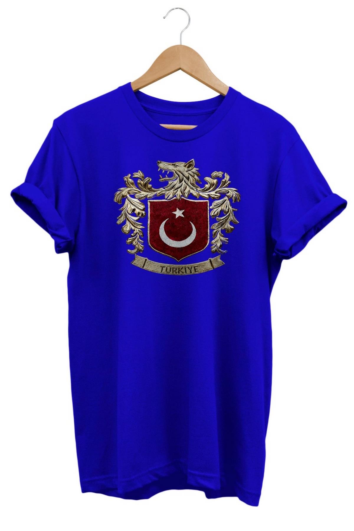 Widi Bozkurt Sembolü ve Türk Bayrağı Baskılı T-Shirt Mavi