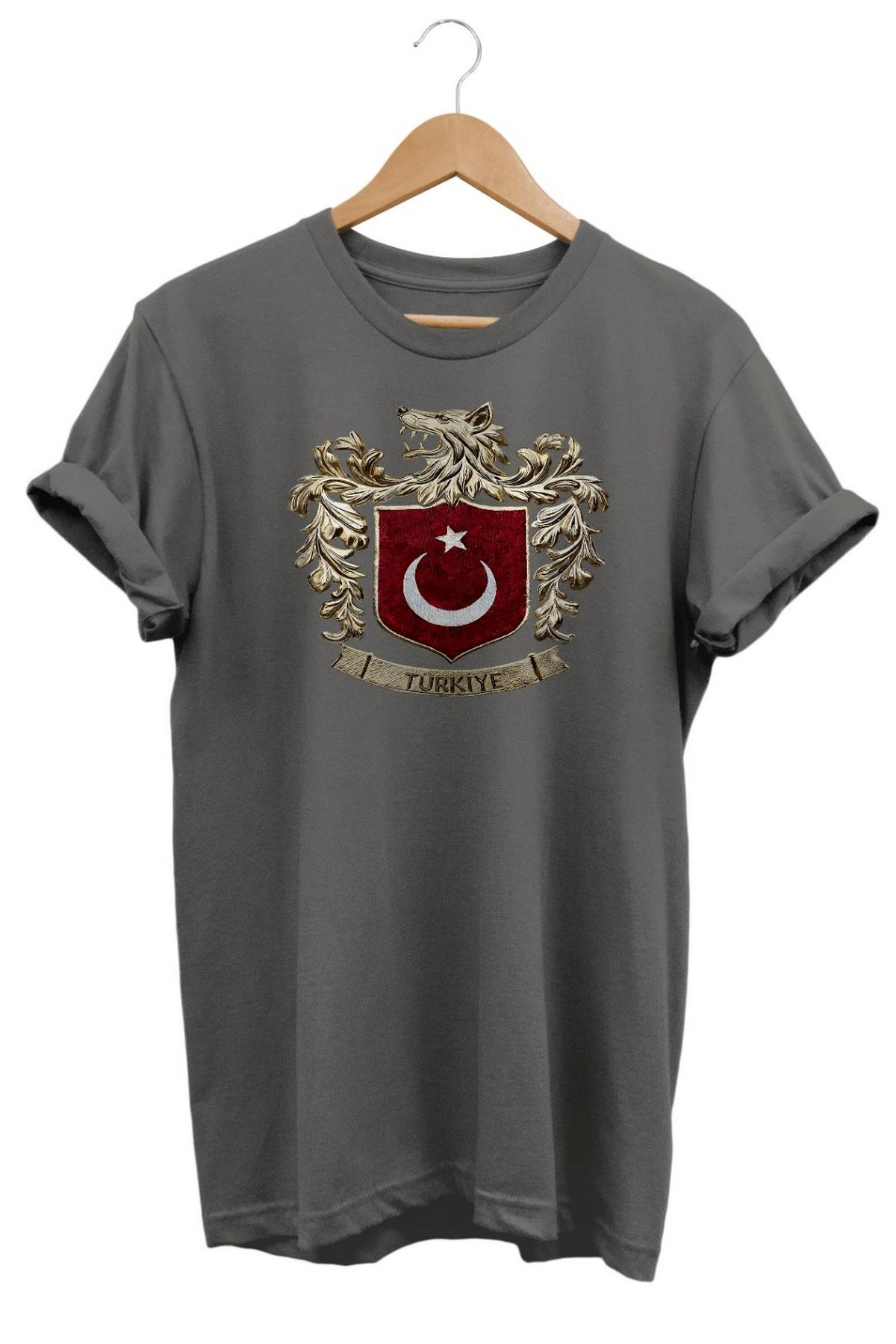 Widi Bozkurt Sembolü ve Türk Bayrağı Baskılı T-Shirt Gri