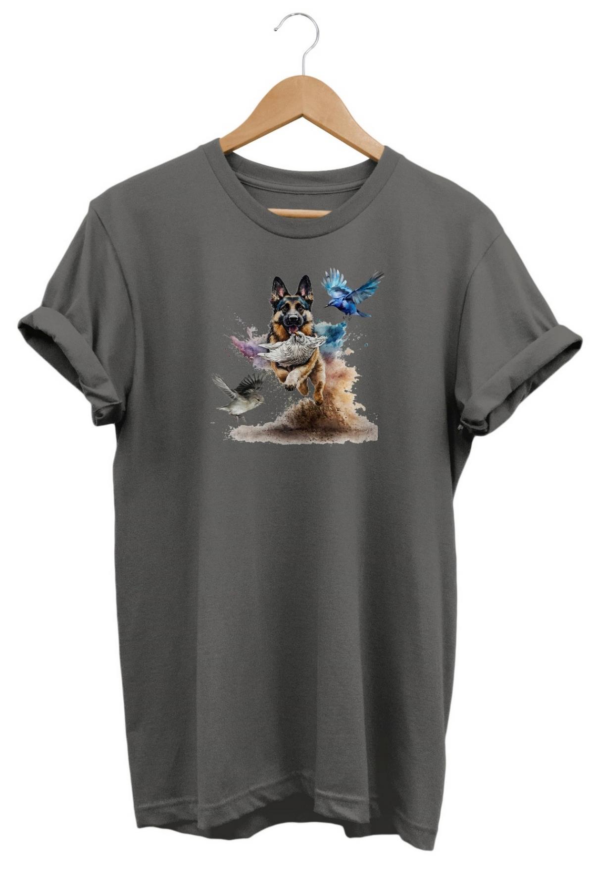 Widi German Shepherd Baskılı T-Shirt Gri