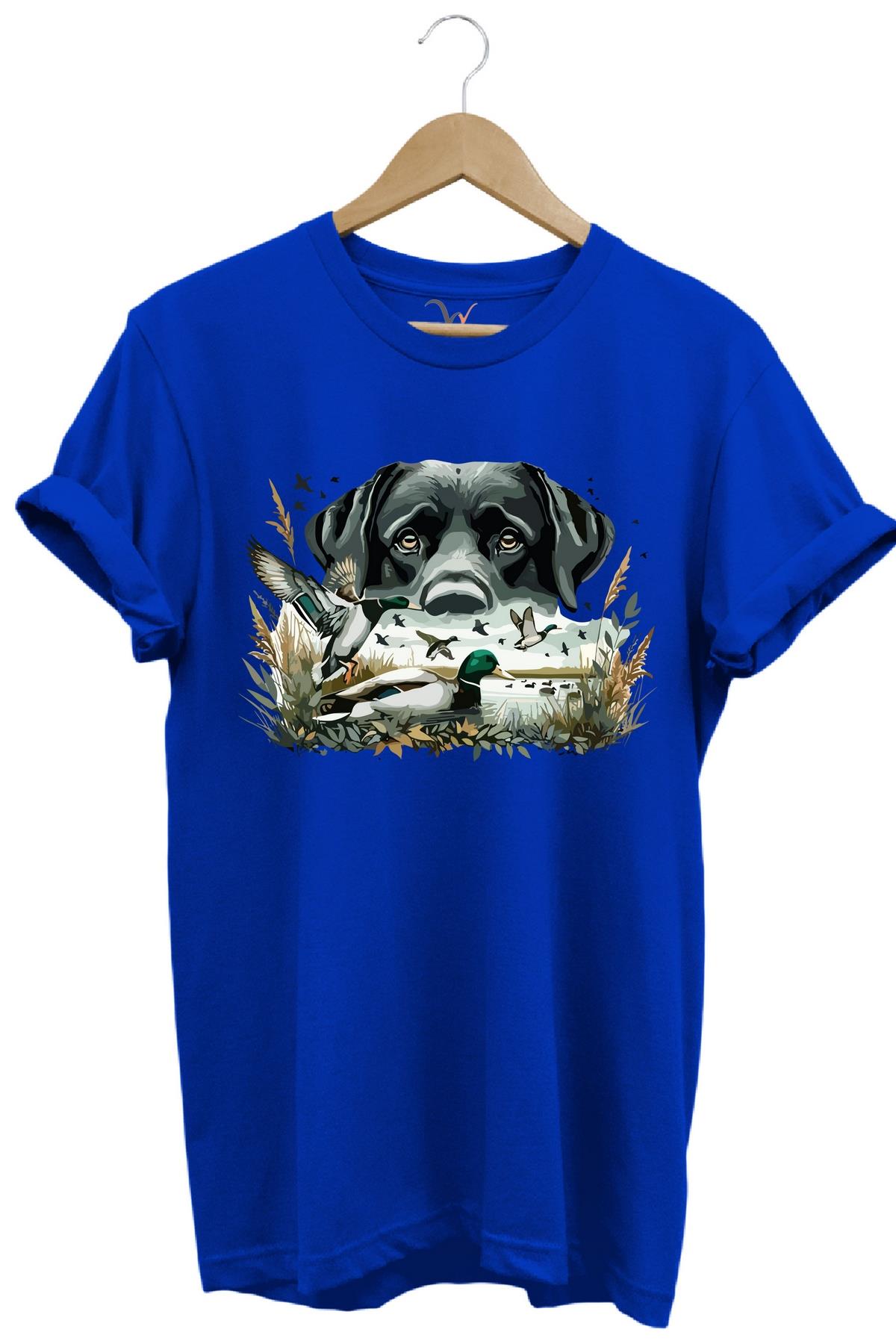 Widi Labrador Av Köpeği Ördek Avı Baskılı T-Shirt Mavi