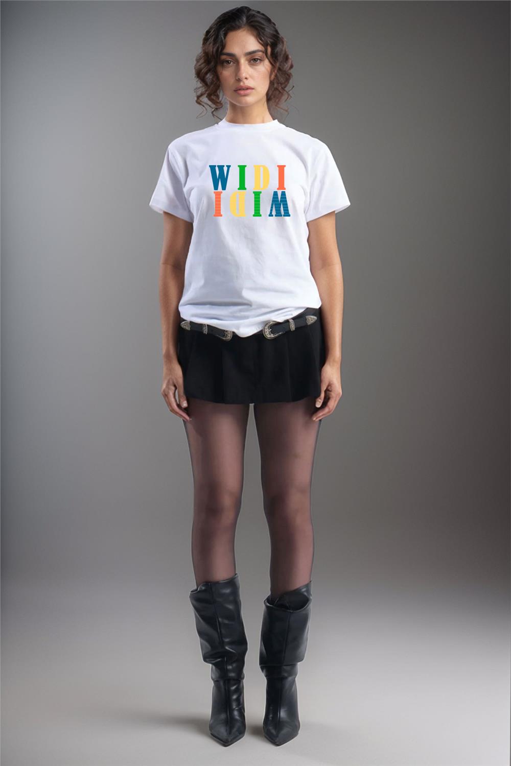 Widi Logo Aynalanmış Tasarım Baskılı %100 Pamuk Regular Fit T-Shirt - Beyaz