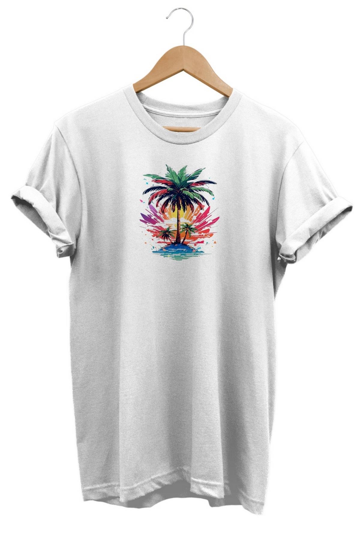 Widi Palmiye Ağaç Baskılı T-Shirt Beyaz