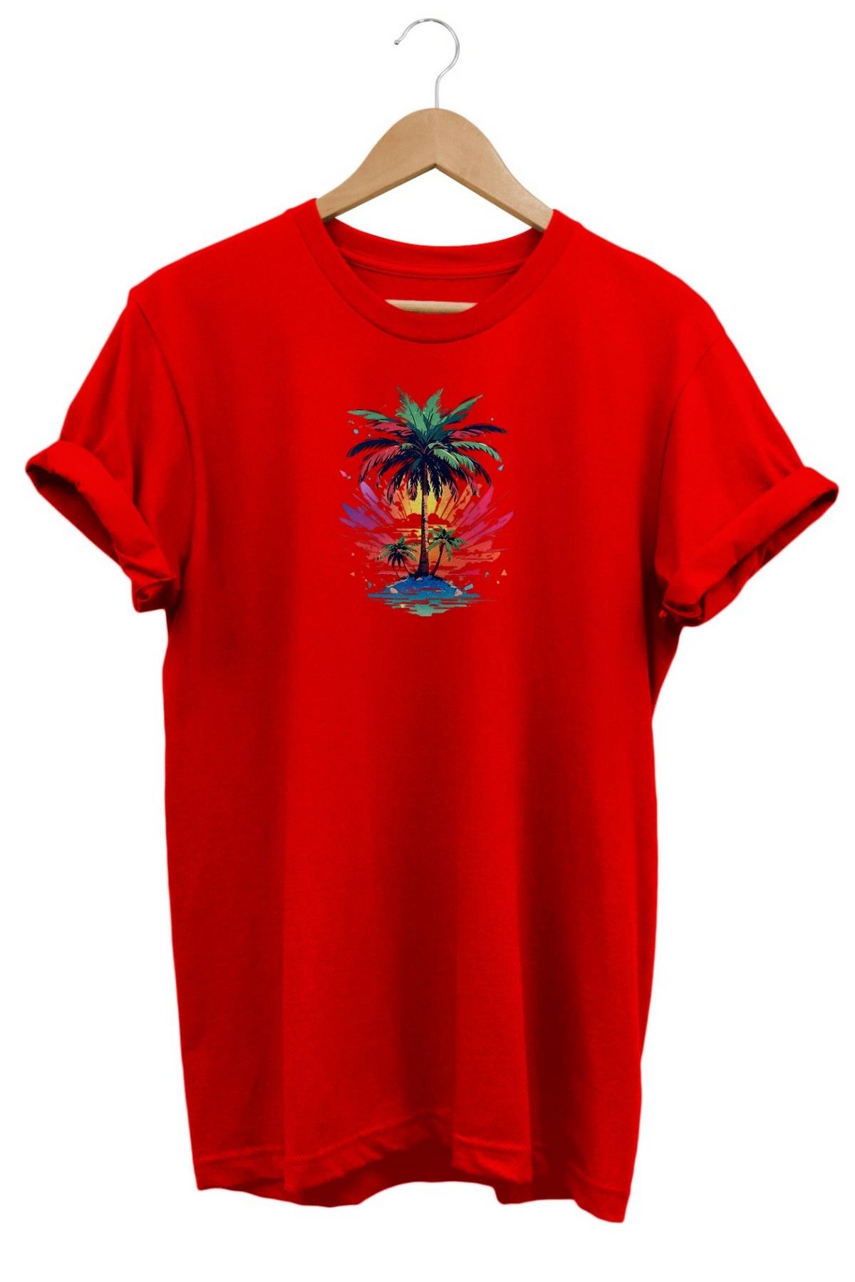 Widi Palmiye Ağaç Baskılı T-Shirt Kırmızı