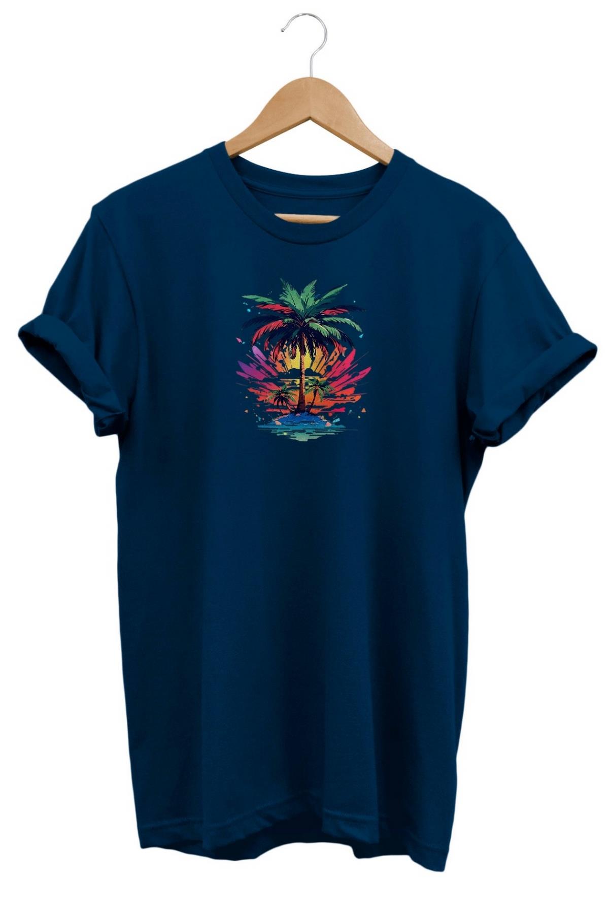 Widi Palmiye Ağaç Baskılı T-Shirt Lacivert