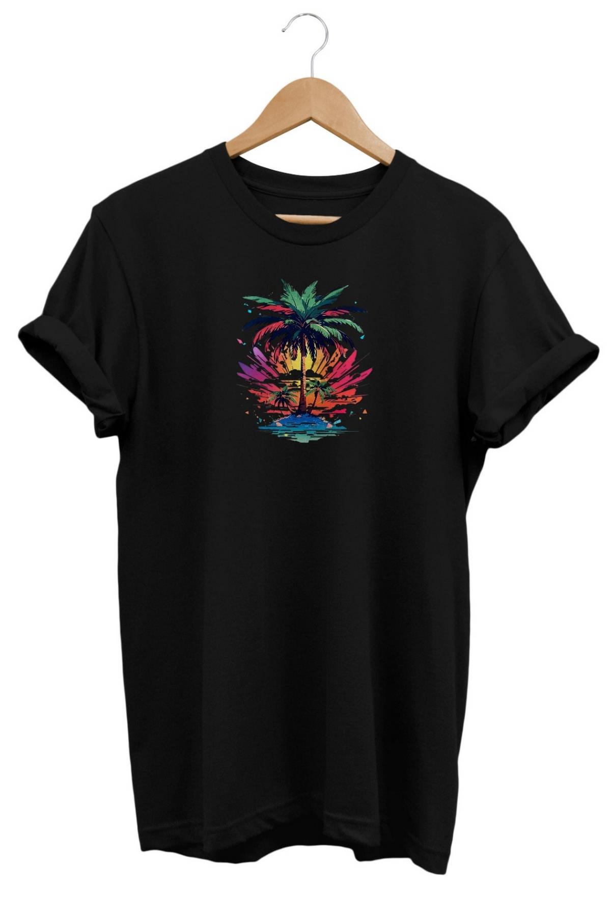 Widi Palmiye Ağaç Baskılı T-Shirt Siyah