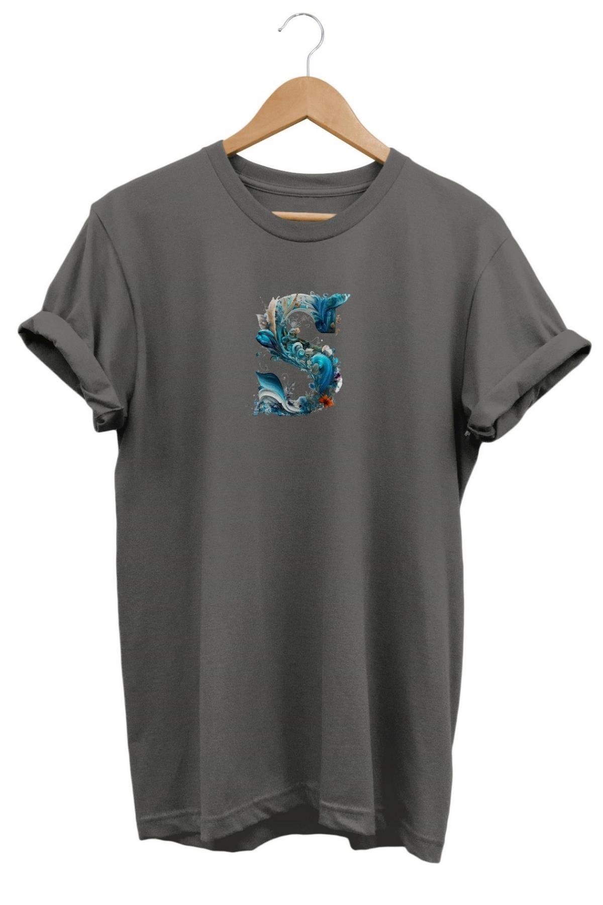 Widi S Harf Baskılı T-Shirt Gri