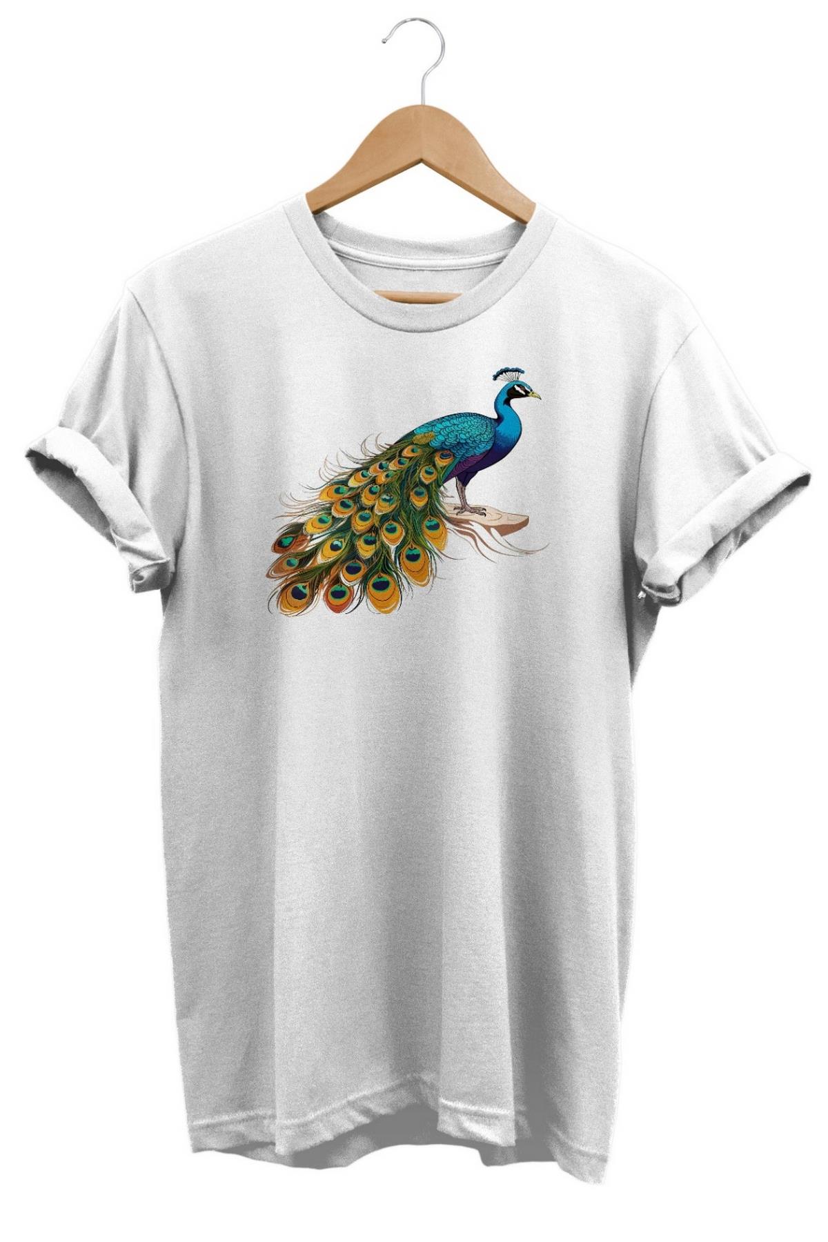 Widi Tavus Kuşu Baskılı T-Shirt Beyaz