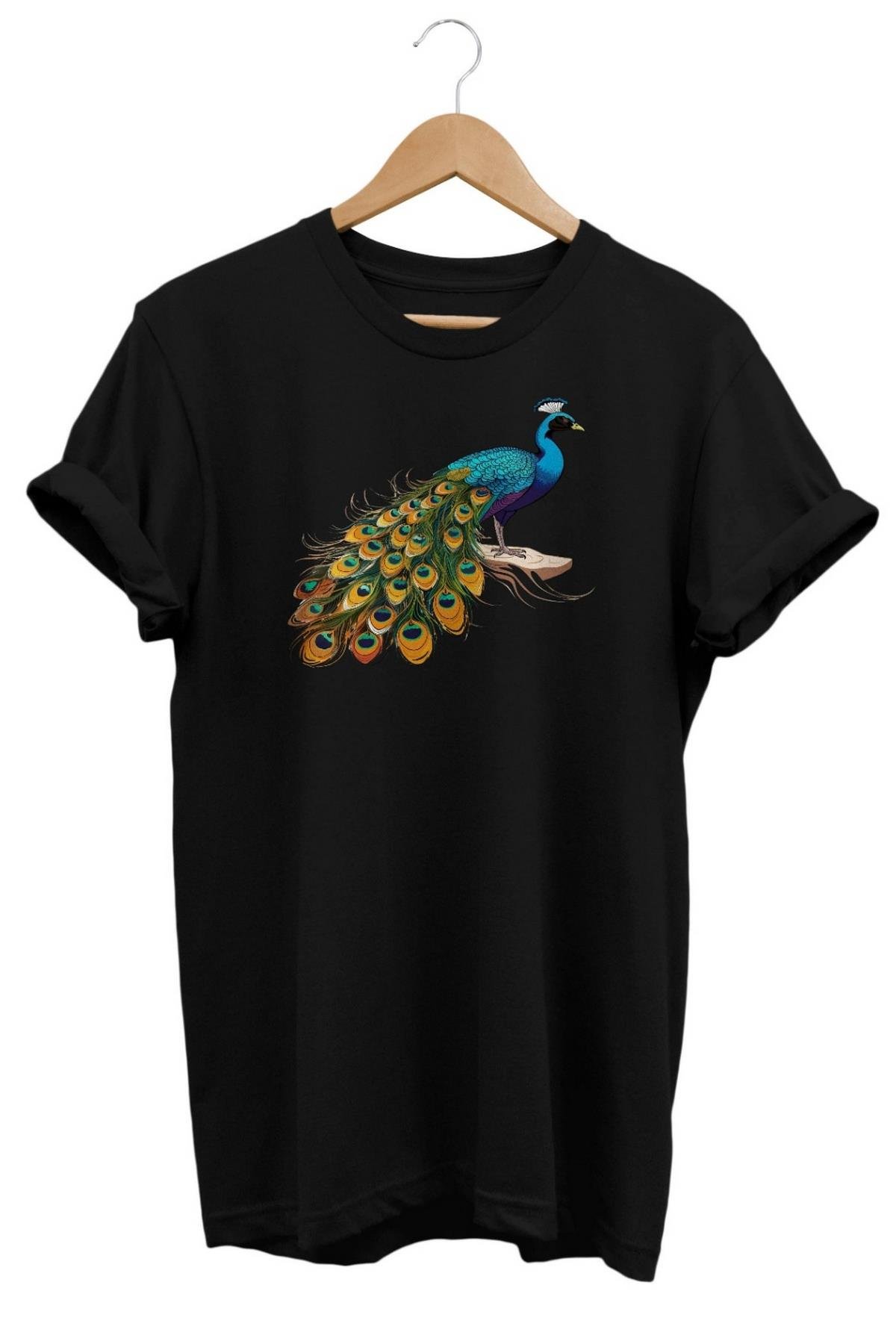 Widi Tavus Kuşu Baskılı T-Shirt Siyah