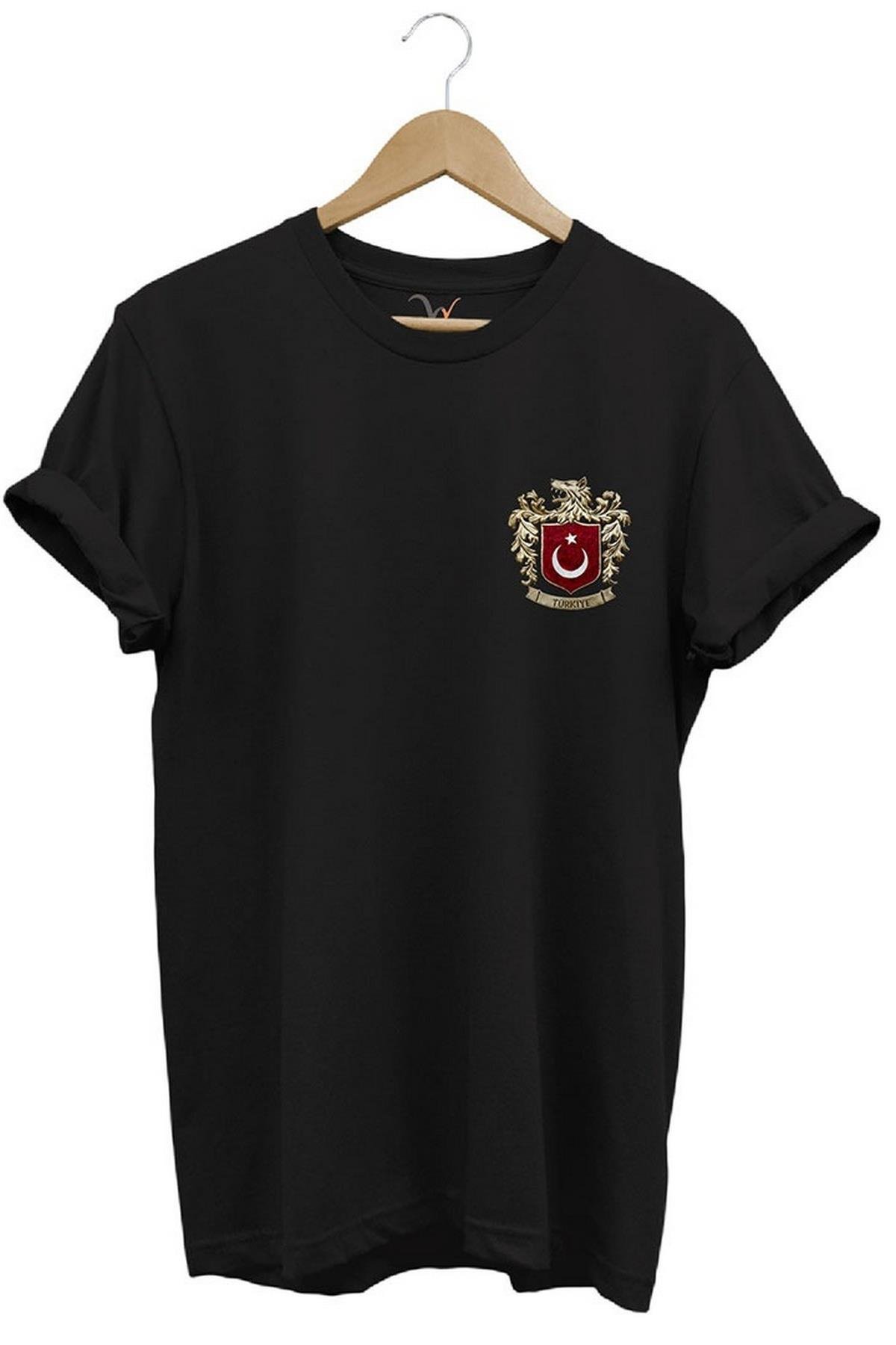 Widi Türk Bayrağı ve Kurt Baskılı T-Shirt Siyah