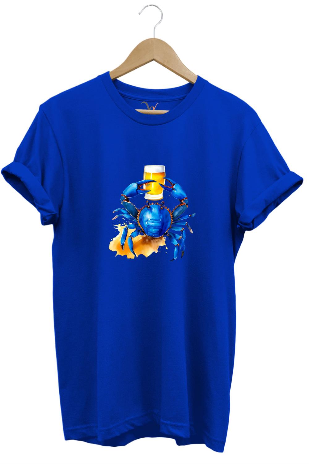 Yaz Baskılı Mavi Yengeç %100 Pamuk Regular Fit Bisiklet Yaka T-Shirt - Mavi