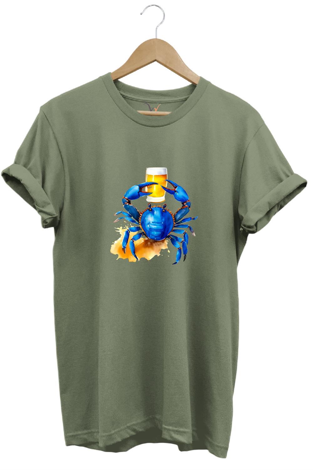 Yaz Baskılı Mavi Yengeç %100 Pamuk Regular Fit Bisiklet Yaka T-Shirt - Haki