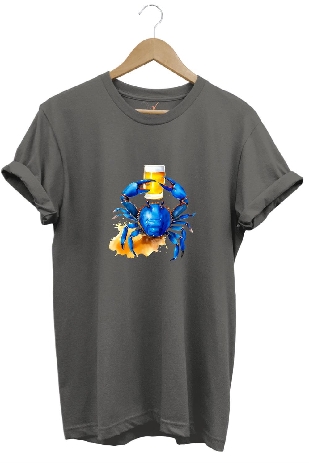 Yaz Baskılı Mavi Yengeç %100 Pamuk Regular Fit Bisiklet Yaka T-Shirt - Antrasit