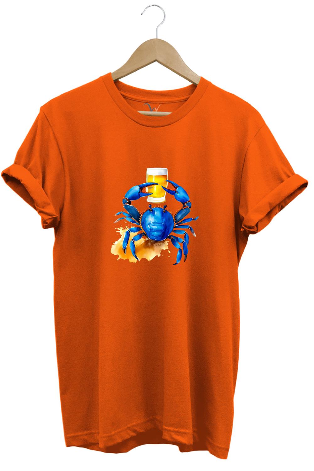Yaz Baskılı Mavi Yengeç %100 Pamuk Regular Fit Bisiklet Yaka T-Shirt - Turuncu