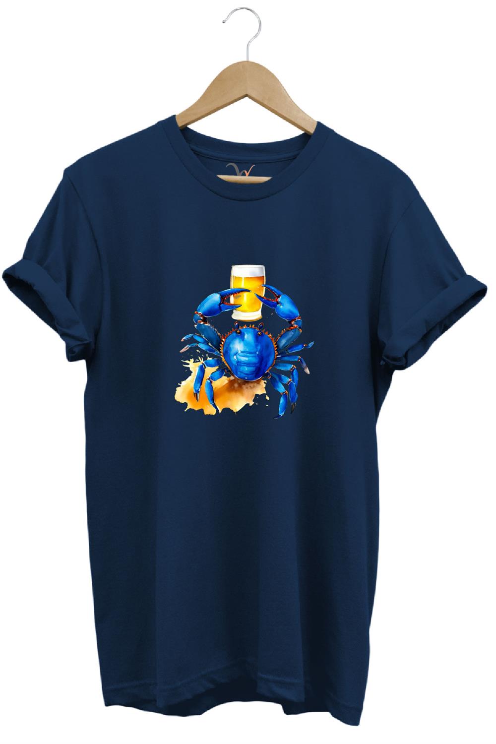 Yaz Baskılı Mavi Yengeç %100 Pamuk Regular Fit Bisiklet Yaka T-Shirt - Lacivert
