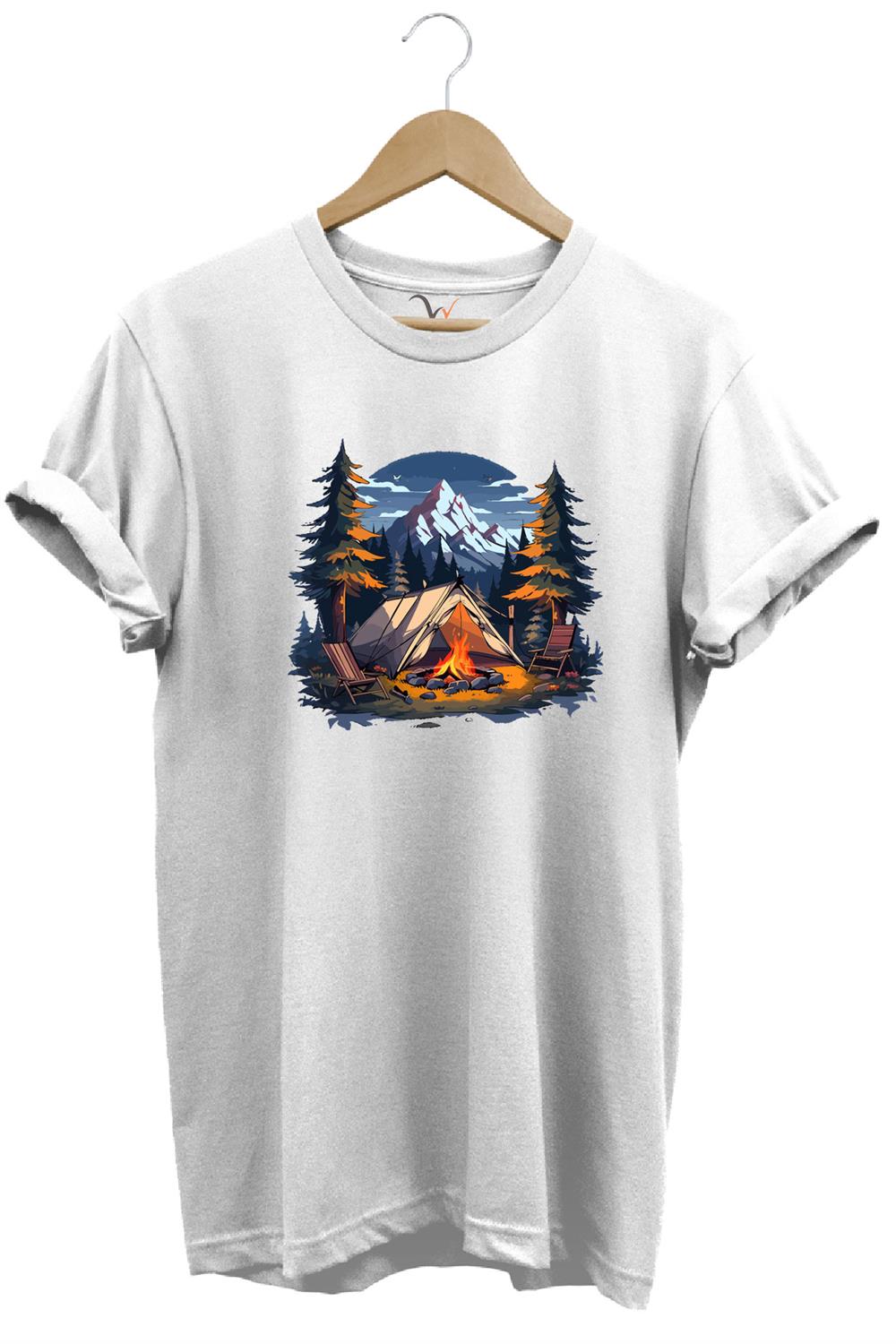 Yazlık Kamp Doğa Çadır Ve Dağ Baskılı %100 Pamuk Regular Fit Bisiklet Yaka T-Shirt - Beyaz