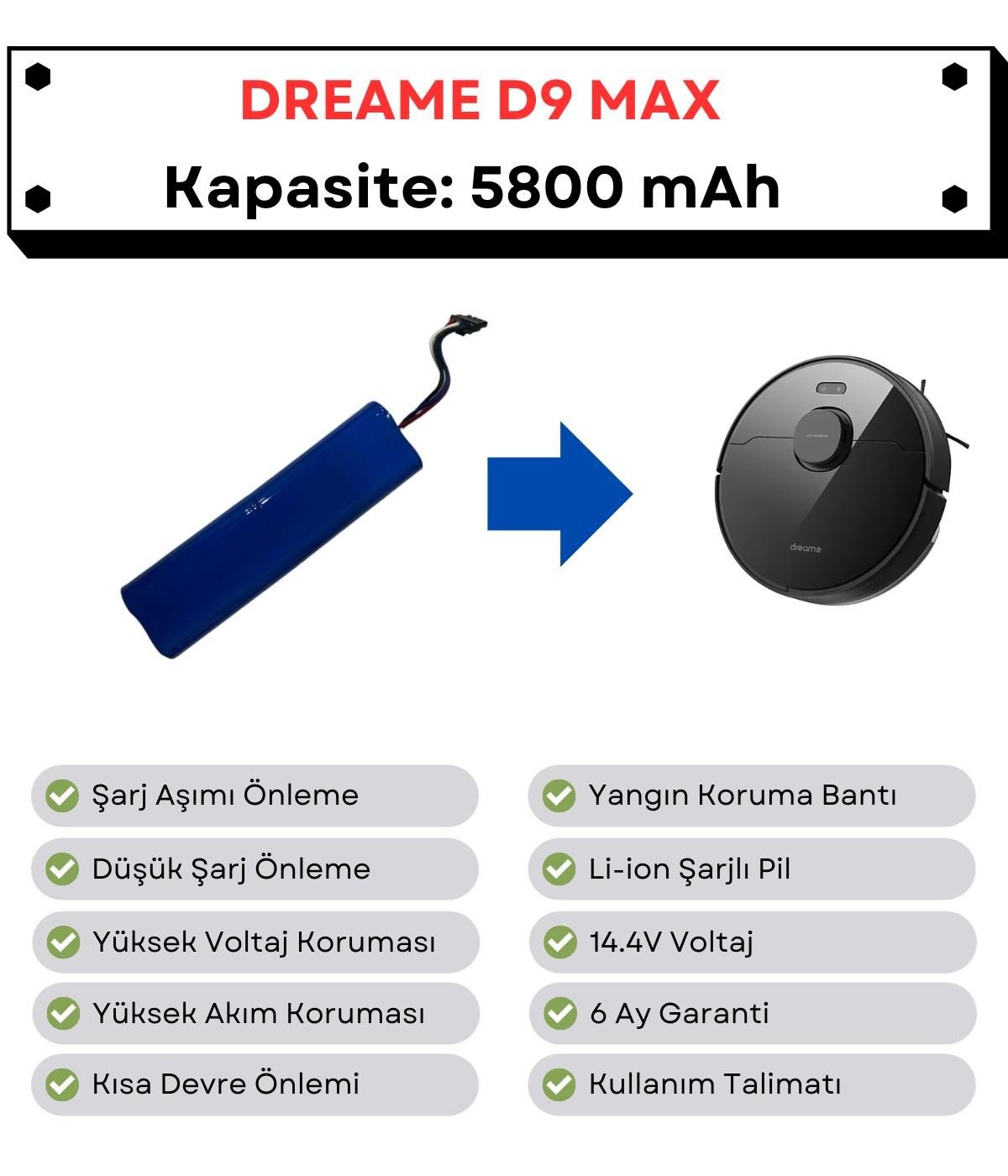 Dreame D9 Max Uyumlu Batarya 14.4V 5800 mAh Robot Süpürge Pili