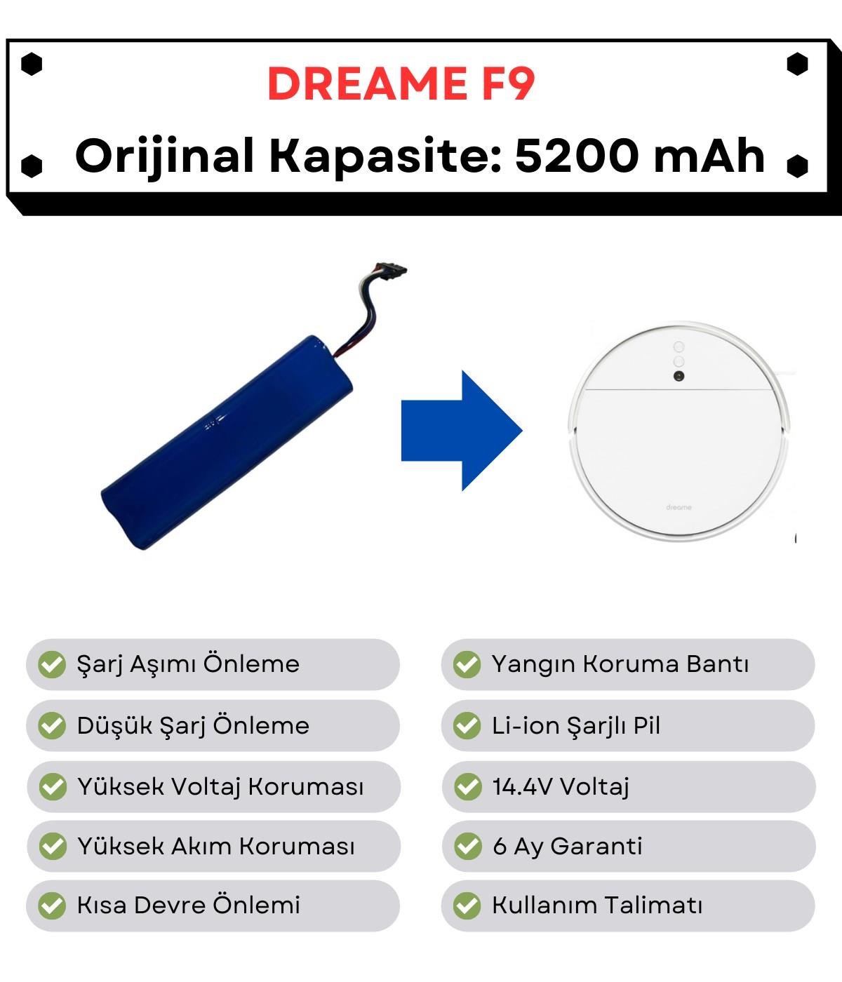 Dreame F9 Uyumlu Batarya 14.4V 5200 mAh Robot Süpürge Pili