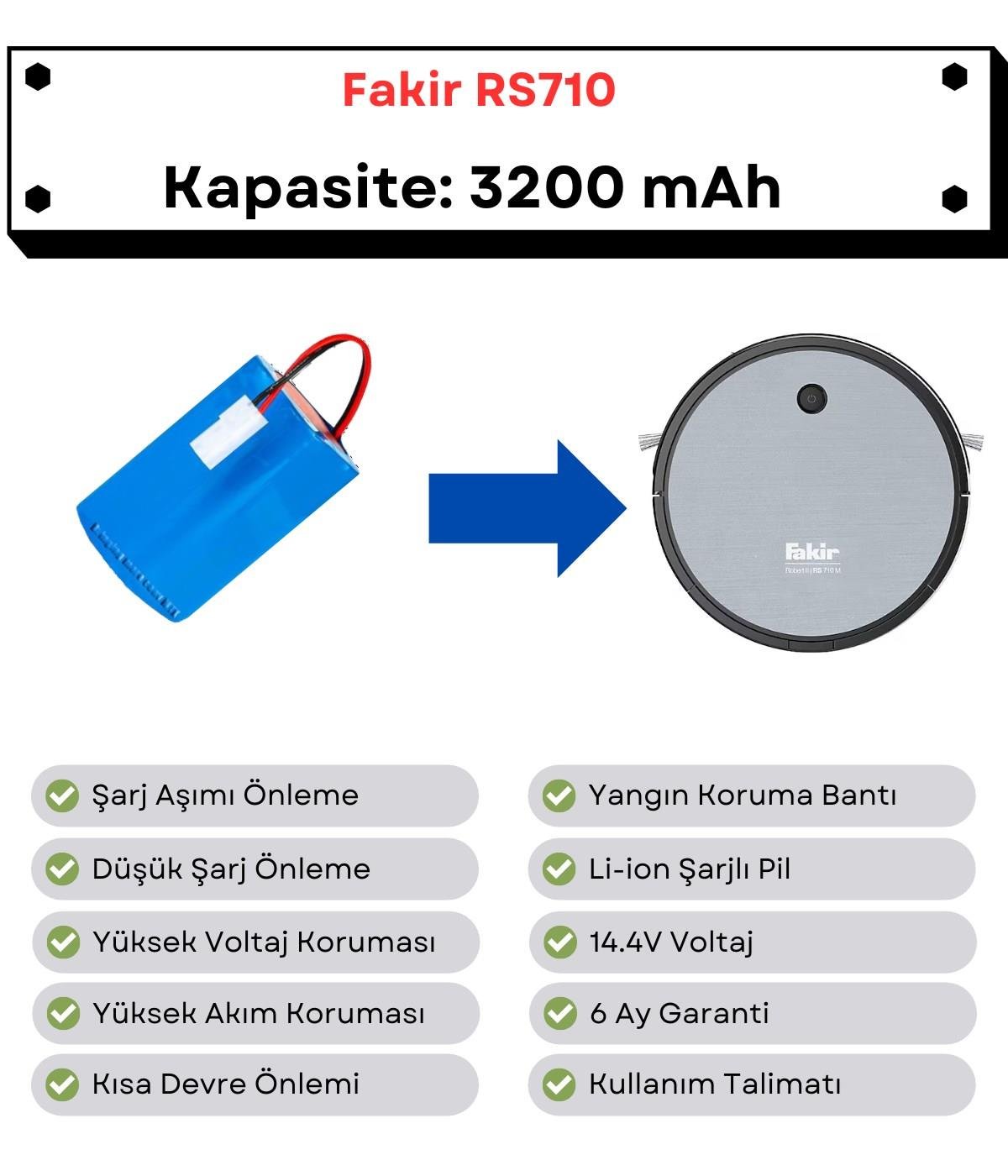 Fakir RS710 Uyumlu 14.4V 3200 mAh Robot Süpürge Pili