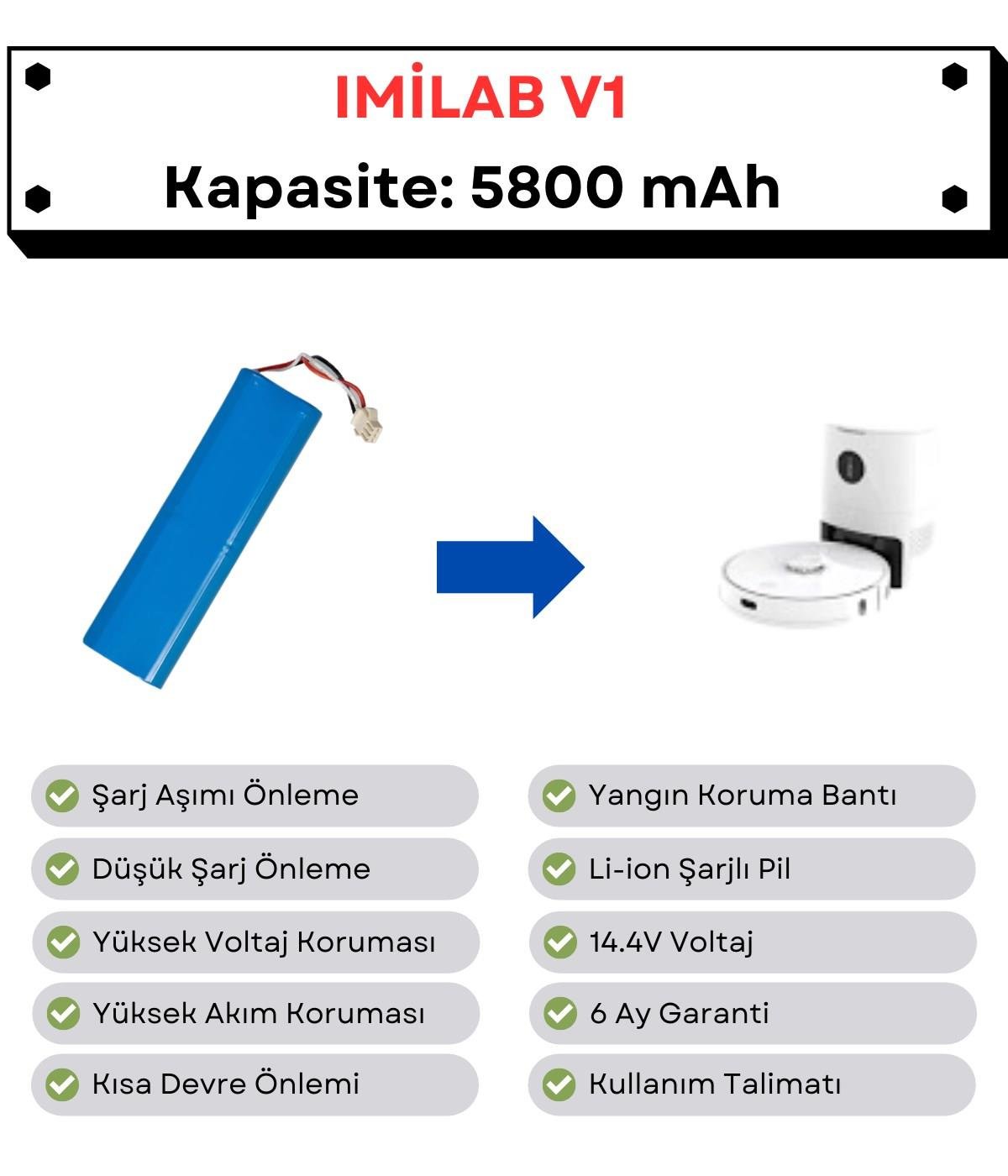Imilab V1 Uyumlu Batarya 14.4V 5800 mAh Robot Süpürge Pili