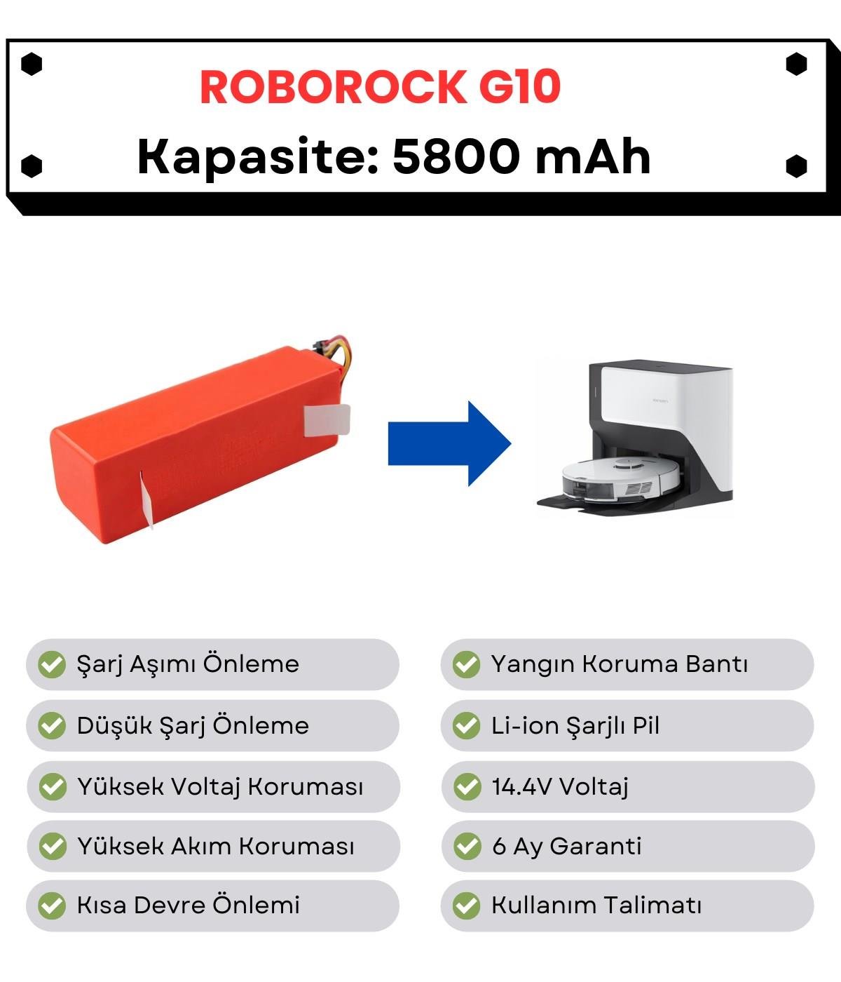 Roborock G10 Uyumlu Batarya 14.4V 5800 mAh Robot Süpürge Pili