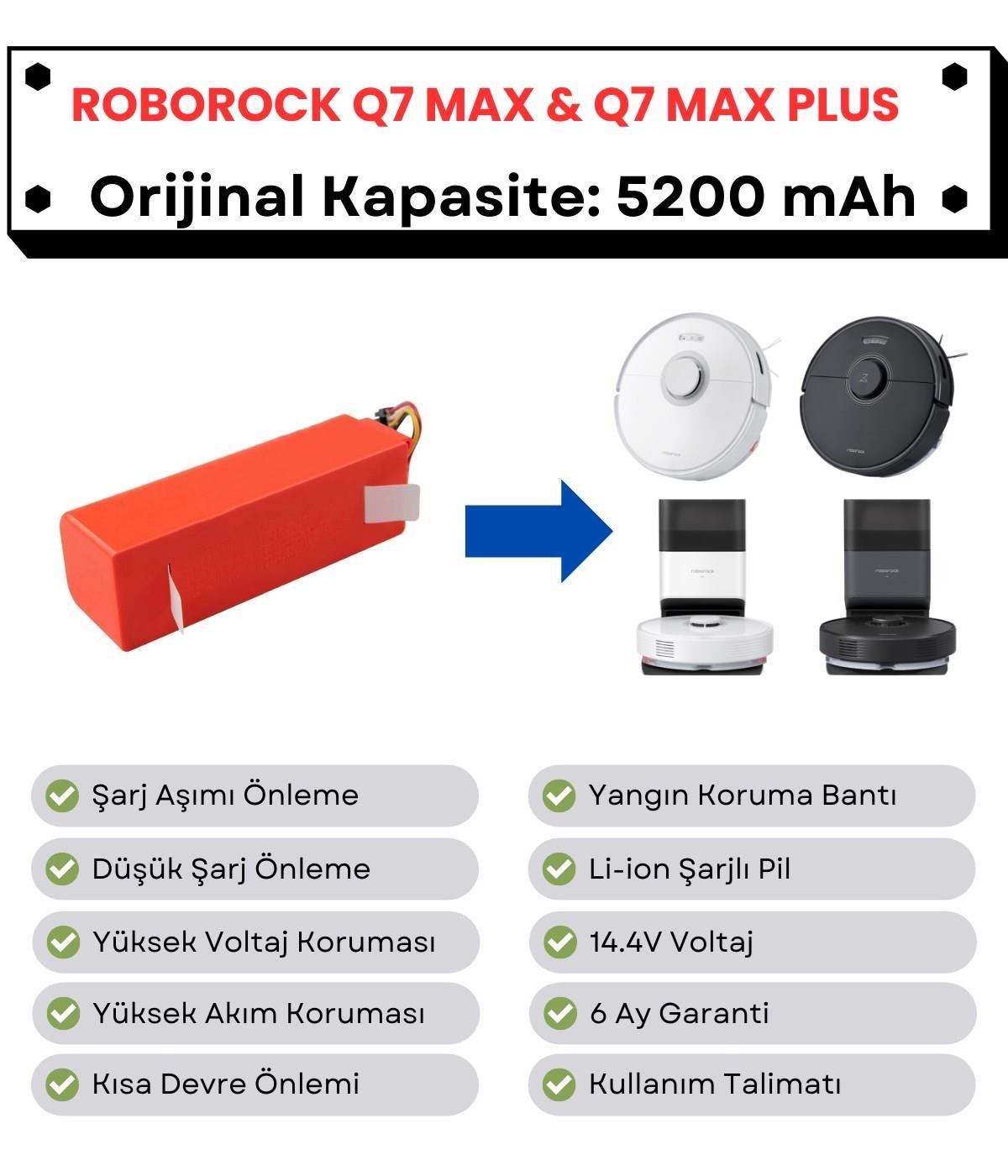 Roborock Q7 Max Q7 Max Plus Uyumlu Batarya 14.4V 5200 mAh Orijinal Kapasite Robot Süpürge Pili
