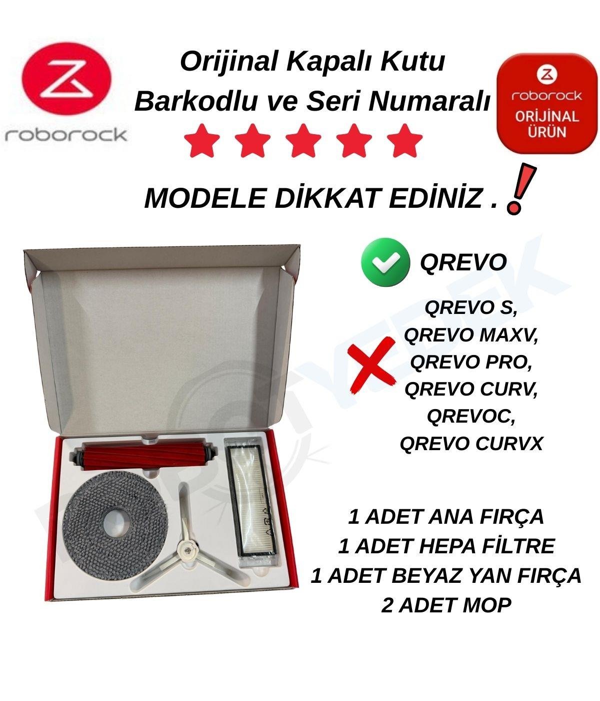 Roborock QRevo (DİKKAT! S,PRO,MAXV DEĞİL!) Orijinal Set- Ana Fırça Hepa Filtre Yan Fırça Mop Bez-5 Parça